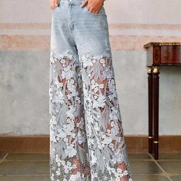 Blue Boho Women's Lace Rhinestone Straight Leg Pants - Picture 4 of 7